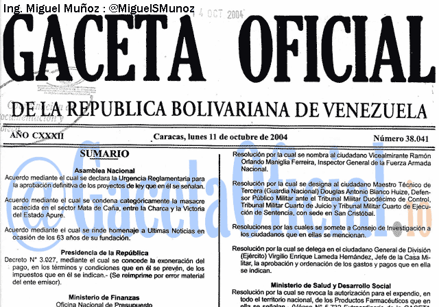 Gaceta Oficial 38041 del 11 Octubre 2004