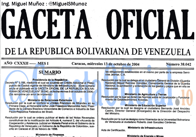 Gaceta Oficial 38042 del 13 Octubre 2004