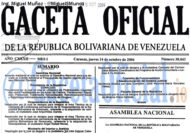 Gaceta Oficial 38043 del 14 Octubre 2004