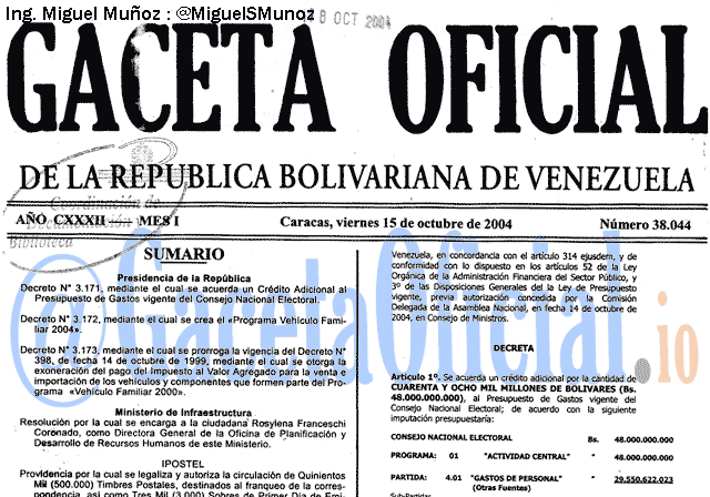Gaceta Oficial 38044 del 15 Octubre 2004