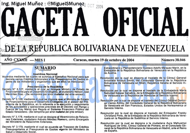 Gaceta Oficial 38046 del 19 Octubre 2004