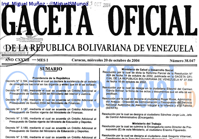 Gaceta Oficial 38047 del 20 Octubre 2004