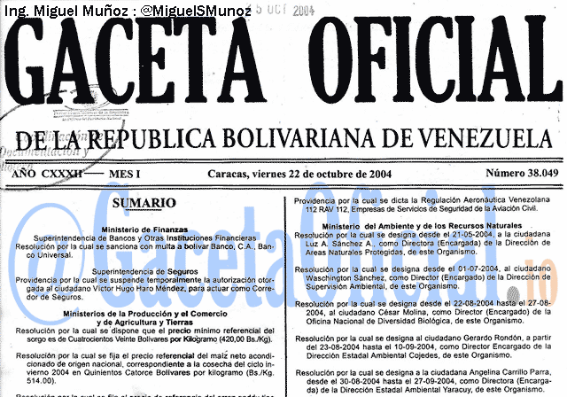 Gaceta Oficial 38049 del 22 Octubre 2004