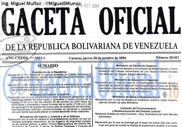 Gaceta Oficial 38053 del 28 Octubre 2004
