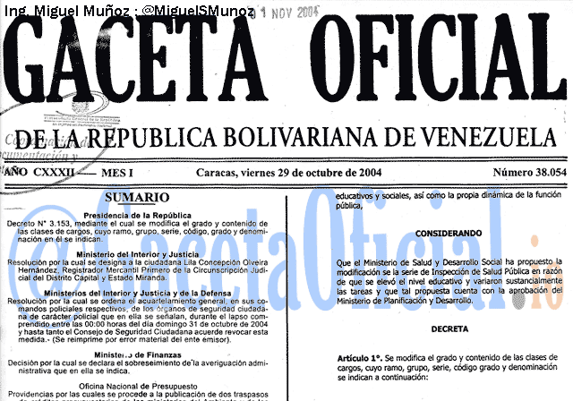 Gaceta Oficial 38054 del 29 Octubre 2004