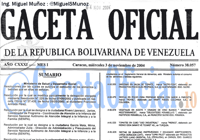 Gaceta Oficial 38057 del 3 Noviembre 2004