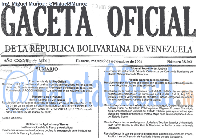 Gaceta Oficial 38061 del 9 Noviembre 2004