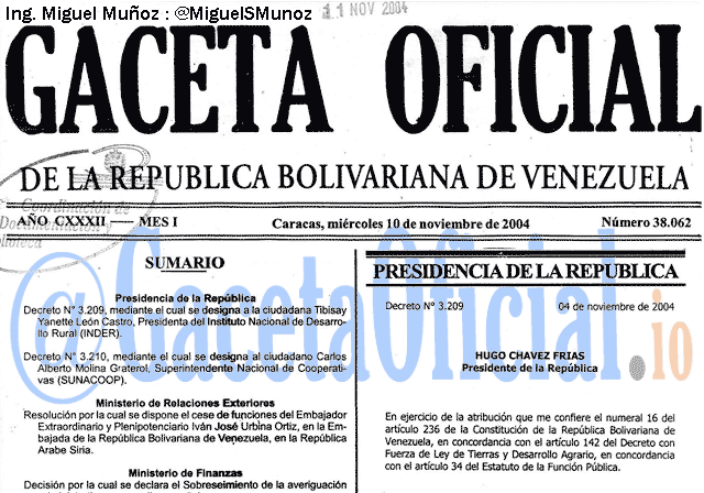 Gaceta Oficial 38062 del 10 Noviembre 2004