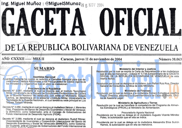 Gaceta Oficial 38063 del 11 Noviembre 2004