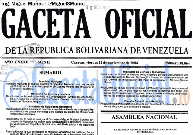 Gaceta Oficial 38064 del 12 Noviembre 2004