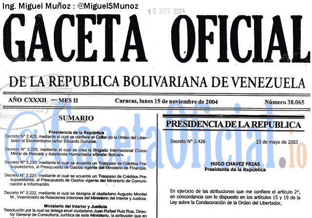 Gaceta Oficial 38065 del 15 Noviembre 2004