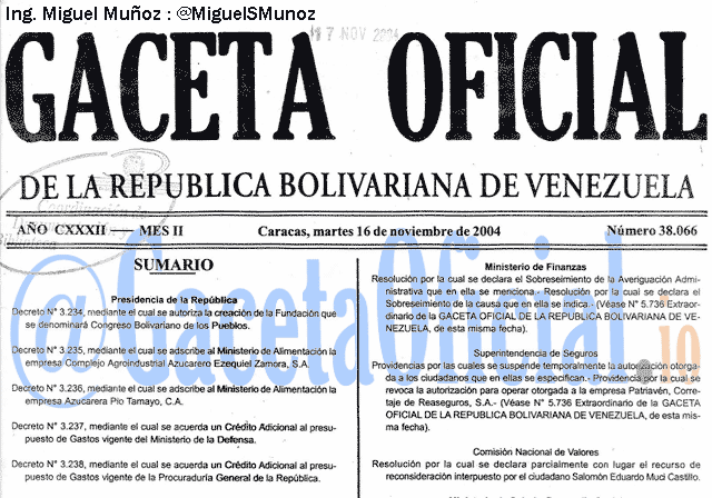 Gaceta Oficial 38066 del 16 Noviembre 2004