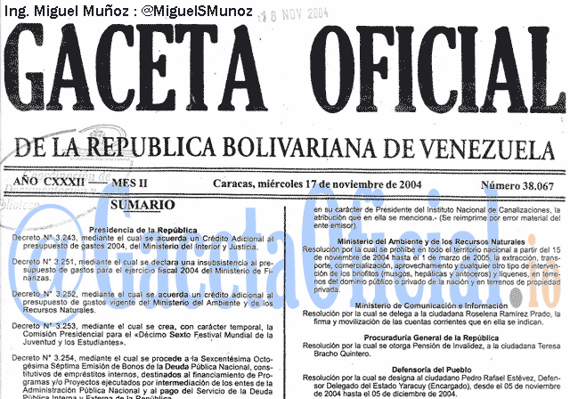 Gaceta Oficial 38067 del 17 Noviembre 2004