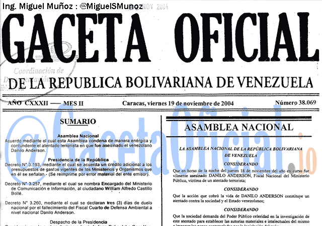 Gaceta Oficial 38069 del 19 Noviembre 2004