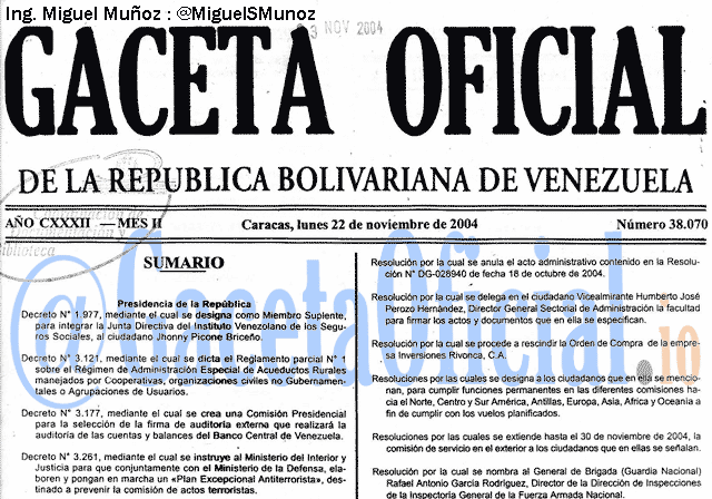 Gaceta Oficial 38070 del 22 Noviembre 2004