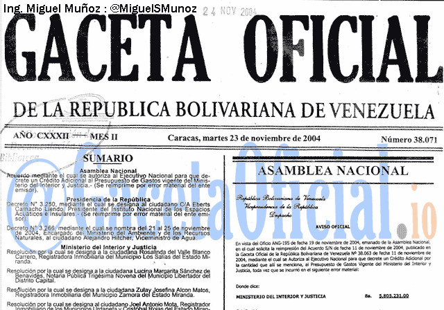 Gaceta Oficial 38071 del 23 Noviembre 2004