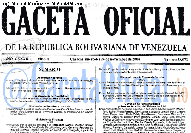 Gaceta Oficial 38072 del 24 Noviembre 2004