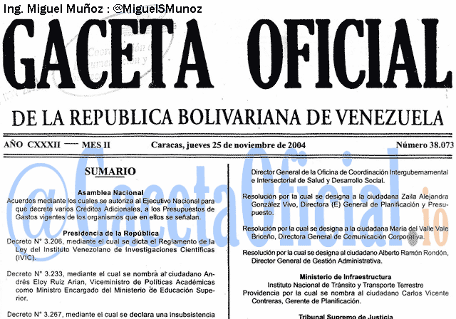 Gaceta Oficial 38073 del 25 Noviembre 2004