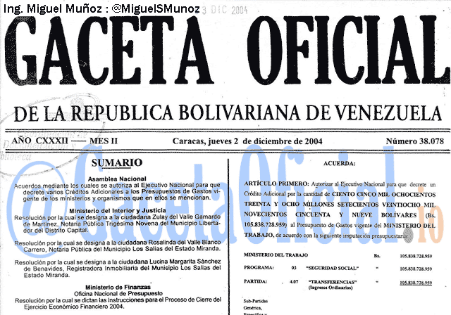 Gaceta Oficial 38078 del 2 Diciembre 2004