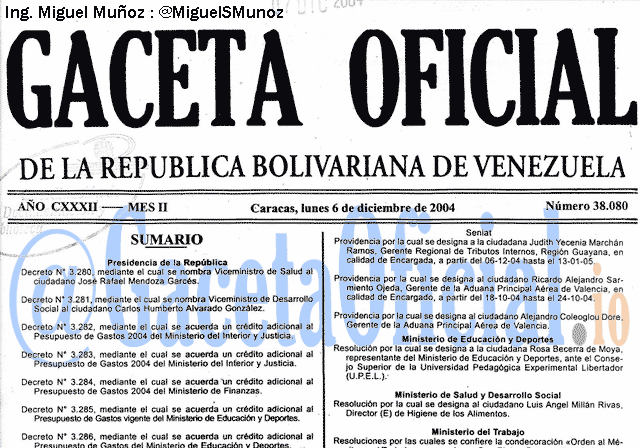 Gaceta Oficial 38080 del 6 Diciembre 2004
