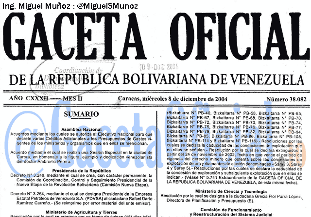 Gaceta Oficial 38082 del 8 Diciembre 2004