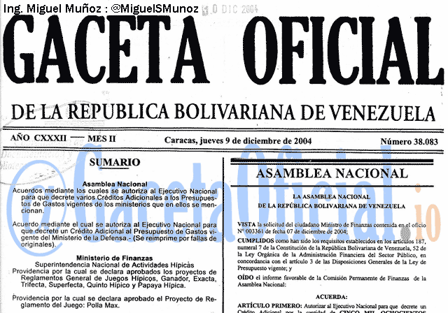 Gaceta Oficial 38083 del 9 Diciembre 2004