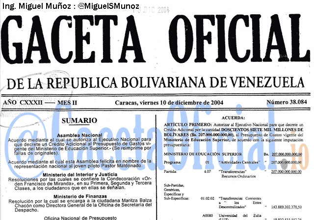 Gaceta Oficial 38084 del 10 Diciembre 2004
