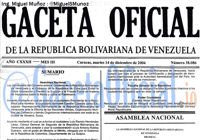 Gaceta Oficial 38086 del 14 Diciembre 2004