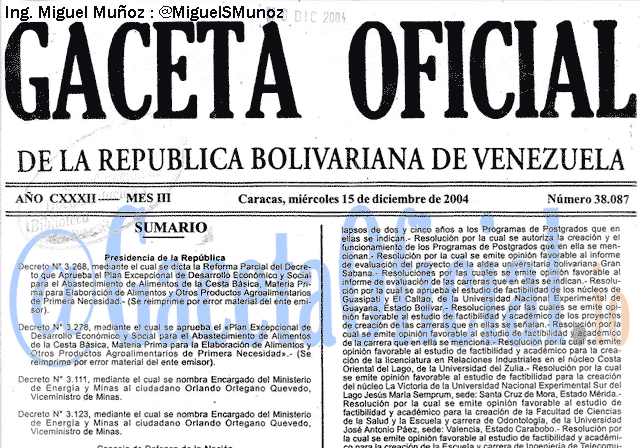 Gaceta Oficial 38087 del 15 Diciembre 2004