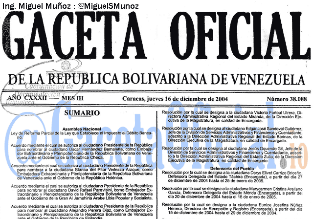 Gaceta Oficial 38088 del 16 Diciembre 2004