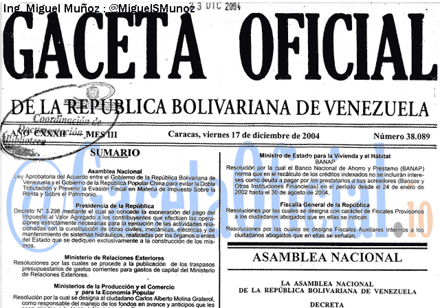 Gaceta Oficial 38089 del 17 Diciembre 2004
