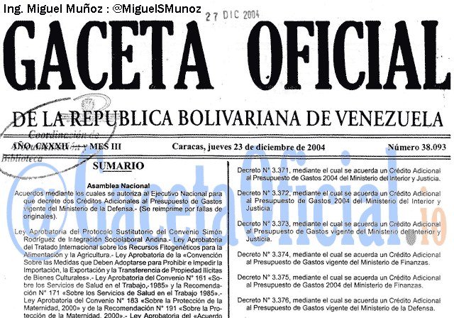 Gaceta Oficial 38093 del 23 Diciembre 2004