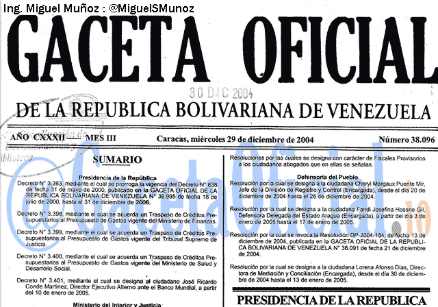 Gaceta Oficial 38096 del 29 Diciembre 2004
