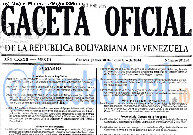 Gaceta Oficial 38097 del 30 Diciembre 2004