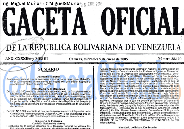 Gaceta Oficial 38100 del 5 Enero 2005