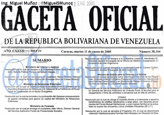 Gaceta Oficial 38104 del 11 Enero 2005