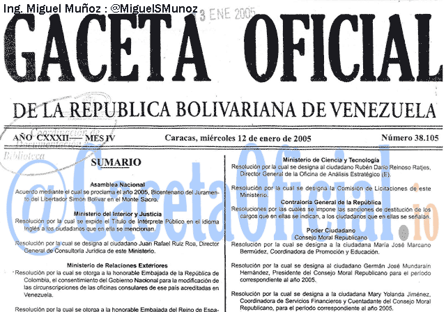 Gaceta Oficial 38105 del 12 Enero 2005