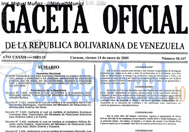 Gaceta Oficial 38107 del 14 Enero 2005