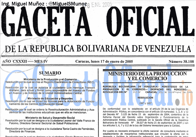 Gaceta Oficial 38108 del 17 Enero 2005
