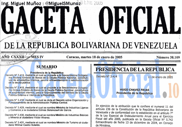 Gaceta Oficial 38109 del 18 Enero 2005