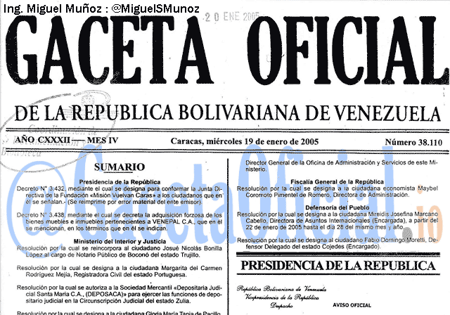 Gaceta Oficial 38110 del 19 Enero 2005