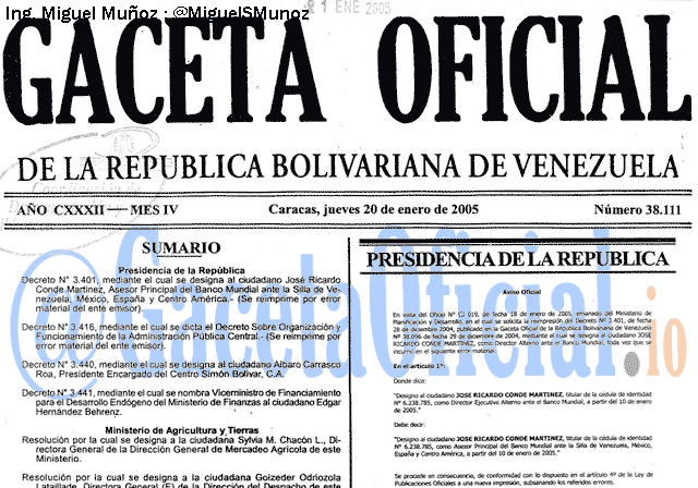 Gaceta Oficial 38111 del 20 Enero 2005