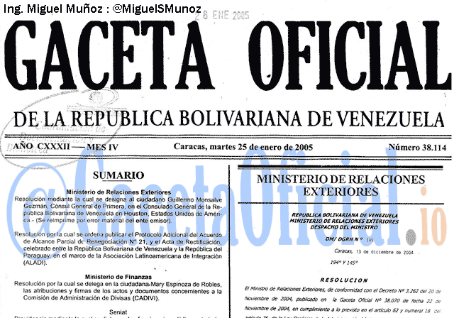 Gaceta Oficial 38114 del 25 Enero 2005