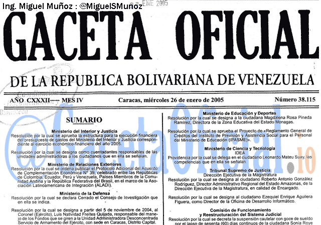 Gaceta Oficial 38115 del 26 Enero 2005
