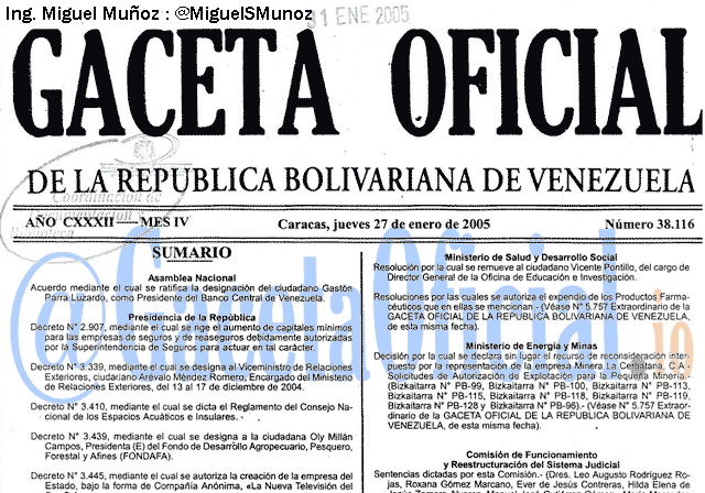 Gaceta Oficial 38116 del 27 Enero 2005