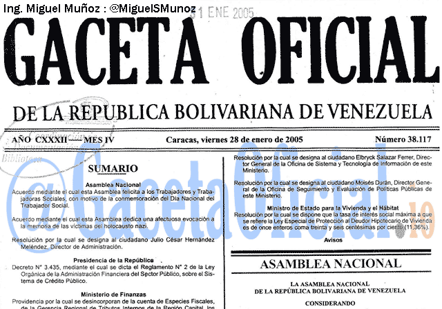 Gaceta Oficial 38117 del 28 Enero 2005
