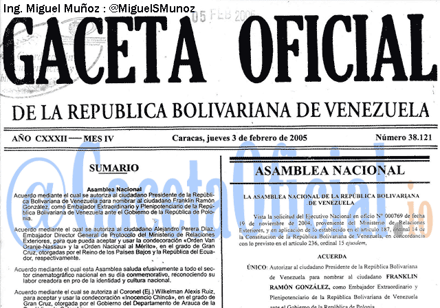 Gaceta Oficial 38121 del 3 Febrero 2005