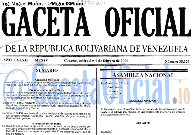 Gaceta Oficial 38123 del 9 Febrero 2005