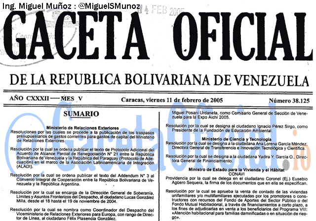 Gaceta Oficial 38125 del 11 Febrero 2005