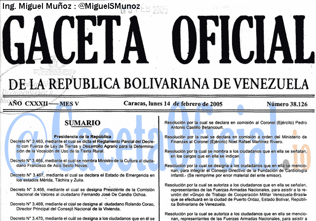 Gaceta Oficial 38126 del 14 Febrero 2005